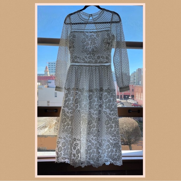 BHLDN NWOT Eyelet Lace Dress Edina Anthropologie 6 White Sheer Midi Tea Length - Picture 4 of 13